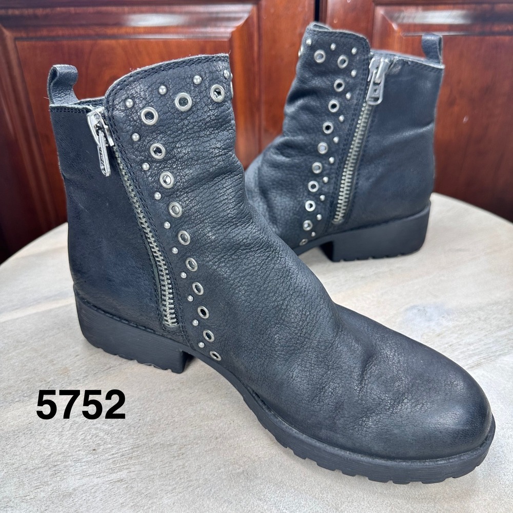 Lucky Brand Womens Black Studded Ankle Boots Side Zip Moto Booties 8.5